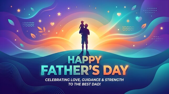 Father&rsquo;s Day Modern Gradient Illustration with Family Silhouette Sunrise Background and Bold Typography