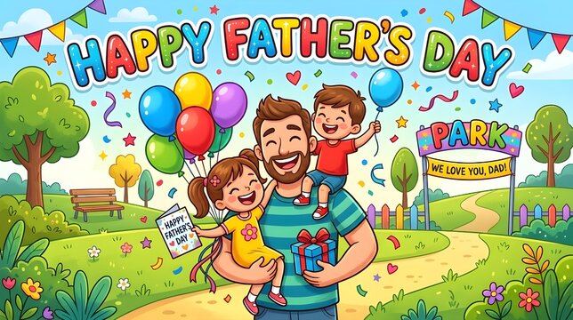 Father&rsquo;s Day Cartoon Illustration with Happy Family Celebration Balloons Gifts and Playful Typography