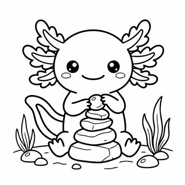 Cute Kawaii Axolotl Stacking Balanced Stones Line Art Illustration