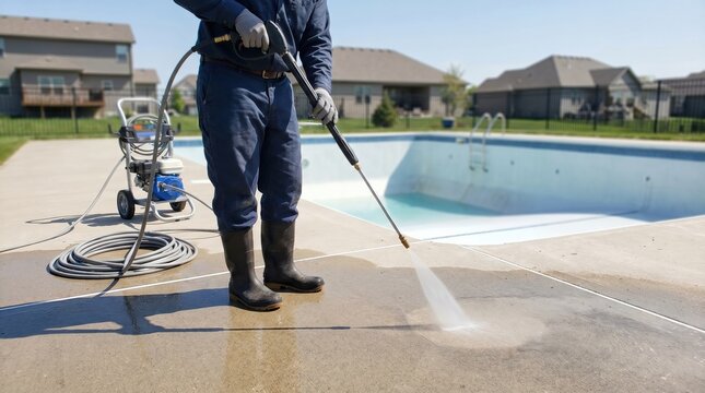 Professional cleaner pressure washing concrete pool deck in residential backyard for maintenance service