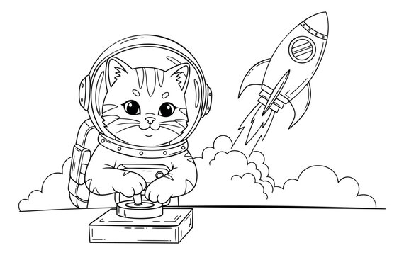 Outline illustration of a cat astronaut depicting pressing a launch button with a rocket launching for space and science design