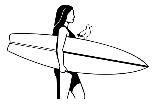 Line art illustration of a surfer girl holding a surfboard depicting a seagull perched on board for beach and summer design