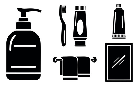 Silhouette icon set of 5 bathroom essentials featuring soap dispenser, toothbrush, toothpaste, towel rack and mirror for hygiene design