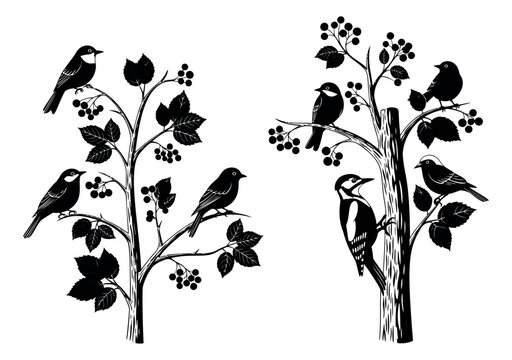 Silhouette set of 2 decorative trees featuring songbirds woodpecker and berry branches for nature and wildlife design