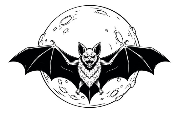Engraving illustration of a fierce bat depicting spread wings in front of a full moon for Halloween design