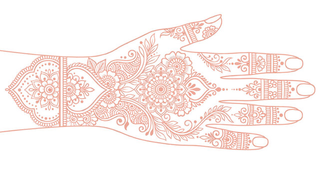 Illustration of detailed henna tattoo design on a hand with ornate patterns and motifs