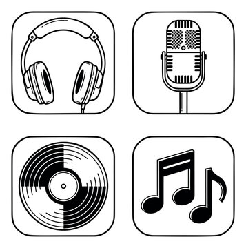 Outline icon set of 4 music symbols featuring headphones, vintage microphone, vinyl record and musical notes for audio and entertainment design