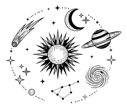 Engraving style illustration of celestial space composition depicting sun moon planet comet stars and galaxy for astronomy and mystical design