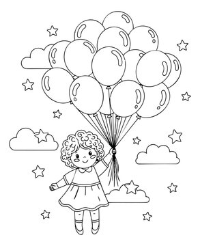 Outline illustration of cute girl floating with balloons depicting childhood fantasy for coloring book and nursery design