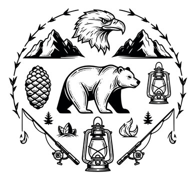 Engraving icon set of outdoor wilderness symbols featuring bear, eagle, mountains, lantern, fishing rods and pine cone for adventure design