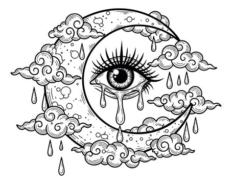 Engraving style illustration of a crying crescent moon eye depicting tears and storm clouds for mystical tattoo and boho design