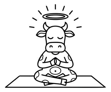 Outline illustration of a meditating cow depicting yoga lotus pose with halo for wellness and spiritual design