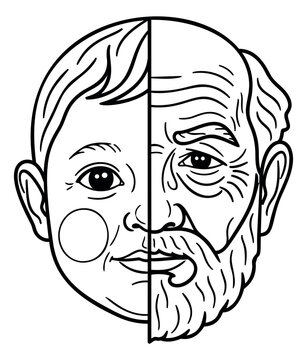 Line art illustration of split face depicting young child and old man aging contrast for medical and educational design