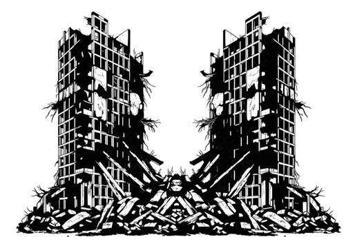 Woodcut illustration of two destroyed skyscrapers depicting urban ruins and rubble for post apocalyptic and war design