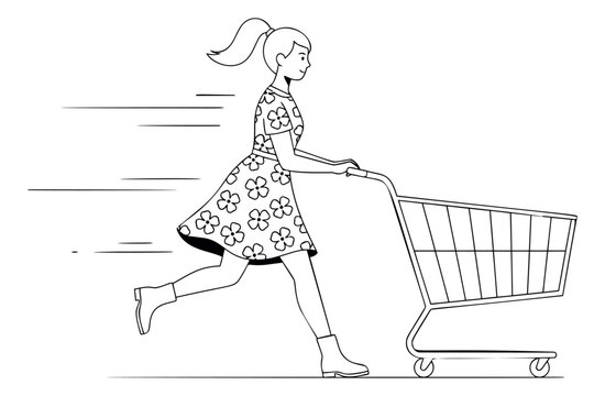 Outline illustration of a woman running with shopping cart depicting fast retail shopping for commercial and retail design