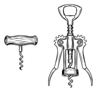 Engraving illustration set of 2 corkscrews depicting classic T-bar and winged lever styles for wine and kitchen design