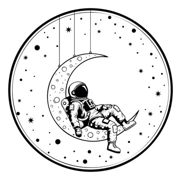 Line art illustration of astronaut relaxing on crescent moon depicting dreamy space scene for poster and apparel design