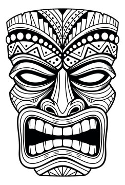 Outline illustration of a tiki mask depicting a fierce tribal face with geometric patterns for Hawaiian and Polynesian design