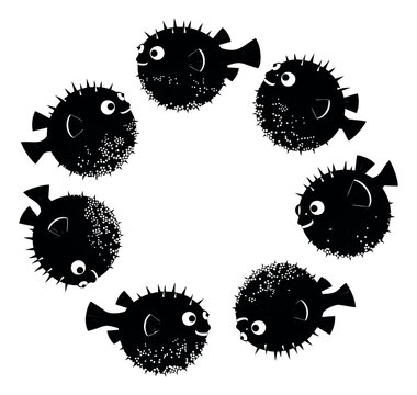 Cartoon silhouette set of puffer fish arranged in a circle featuring spiky blowfish characters for marine and aquatic design