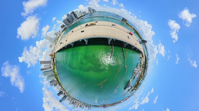 Aerial Miami Macarthur Causeway bridge tiny planet