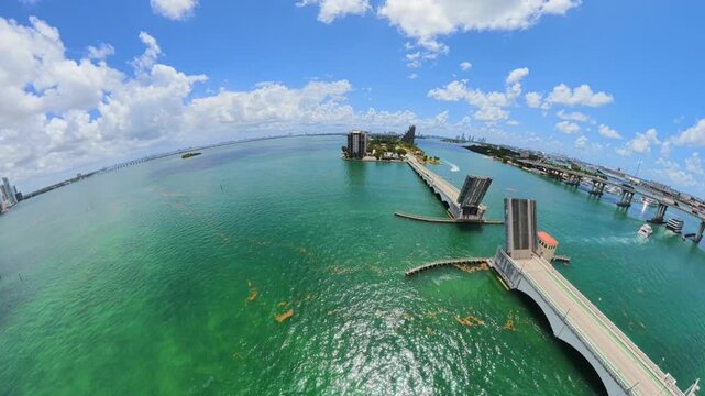 Aerial drone video Miami Venetian Causeway bridge open