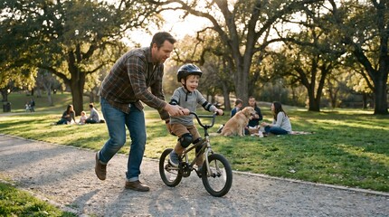 Fototapeta premium A father teaching his young son to ride a bicycle in a park, with other people enjoying the outdoors in the background