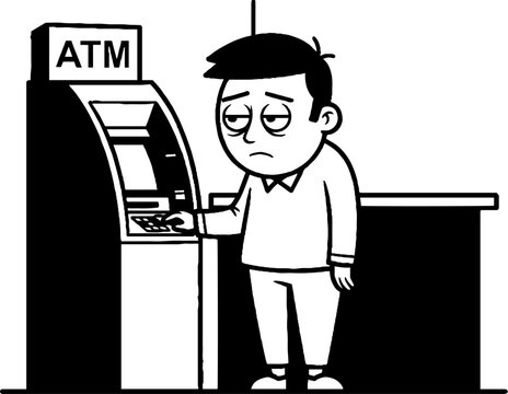 Sad young man using an ATM machine indoors.
