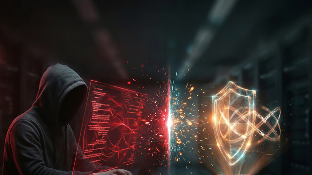 Glowing cybersecurity shield defending against hooded hacker with sparkling code transformation victory Perfect for advertising presentation corporate strategy background