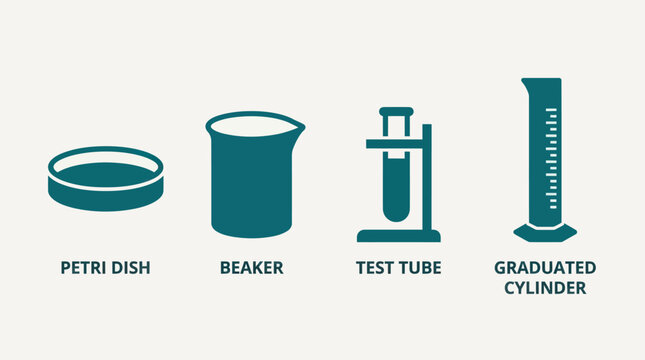 Teal silhouette icons of common laboratory glass equipment.