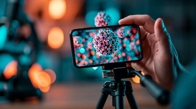 Capturing the Microscopic World: A hand holds a smartphone mounted on a mini tripod, displaying a detailed 3D model of a virus on its screen. The background features blurred colorful lights.