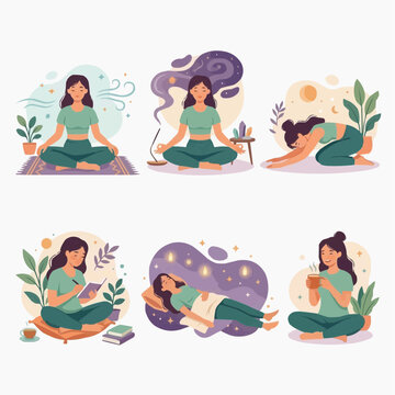Woman practicing self care activities like meditation yoga reading and sleeping