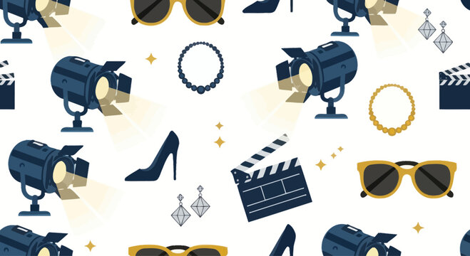 Movie Premiere Fashion and Glamour Seamless Pattern: Spotlight, Heels, Sunglasses, Jewelry