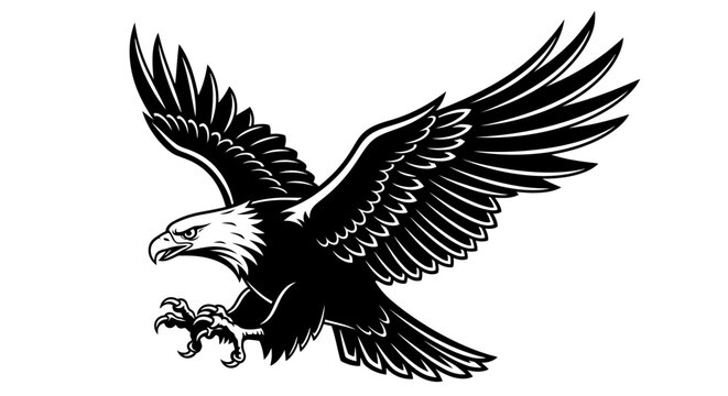 Powerful flying eagle illustration with majestic spread wings and sharp talons, a dynamic black and white predator bird soaring in motion.