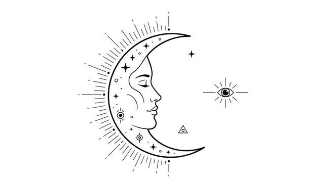 Mystical Crescent Moon with Sleeping Face and Celestial Stars, Spiritual Astrology Line Art Vector Illustration, Cosmic Boho Design