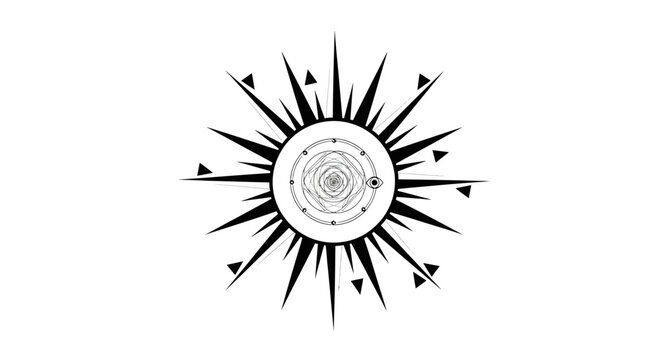 Black and white abstract sunburst symbol with geometric triangles and a central spiral target, modern spiritual cosmic design