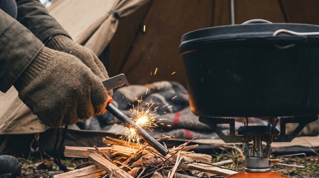 Bushcraft survival skills person using ferro rod to ignite campfire kindling for outdoor cooking at campsite