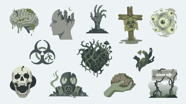 Collection of pixel art icons representing horror, zombies, and biohazard themes.
