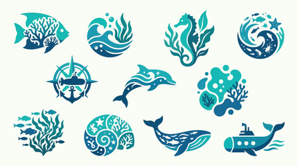 Collection of stylized marine life and nautical symbols in shades of blue and teal. © tr