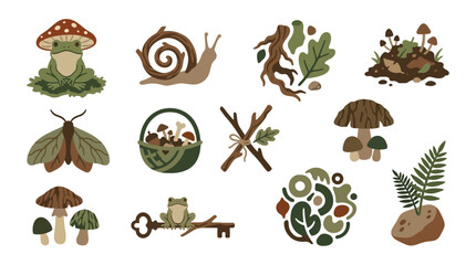 A collection of whimsical forest-themed illustrations including a frog, mushrooms, a snail, a moth, and botanical elements. © tr