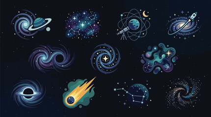 Collection of stylized cosmic elements including galaxies, nebulae, planets, and a rocket ship against a dark starry background. © tr