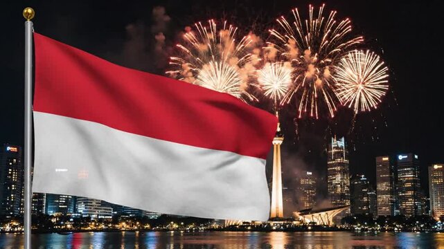 Indonesia Flag Waving with Fireworks Over Night City Skyline