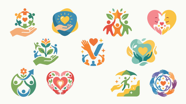 Collection of diverse icons representing care, community, support, and love with human figures, hearts, and hands.