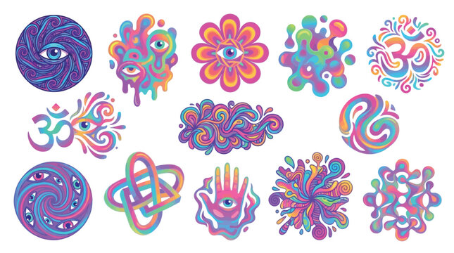 Psychedelic Abstract Symbols and Icons with Eyes and Om Symbol.