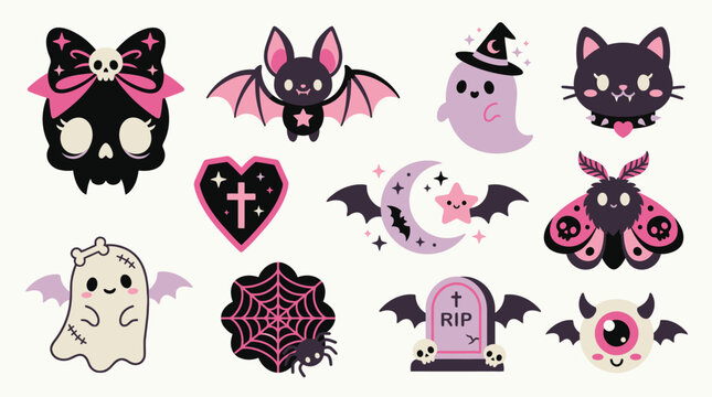 Cute Kawaii Halloween Icons Set Featuring Ghosts, Bats, Black Cat, Skull, and Spiderweb.