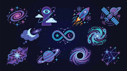 Collection of cosmic and celestial icons, including galaxies, planets, rockets, and abstract space elements in vibrant purple and blue hues. © tr