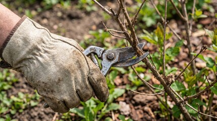 Fototapeta premium Gardener wearing protective gloves pruning dry shrub branches with sharp secateurs for spring garden maintenance and plant care