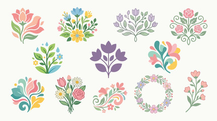 Obraz premium Collection of stylized floral emblems and decorative elements in pastel colors.