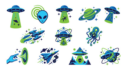 Collection of colorful cartoon icons representing space, aliens, UFOs, and spaceships with planets and stars. © tr