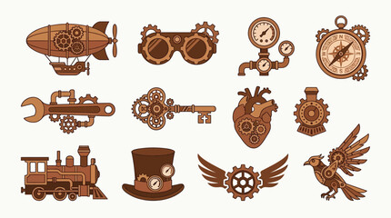 Collection of Steampunk Icons and Elements Featuring Gears, Airships, and Mechanical Devices. © tr
