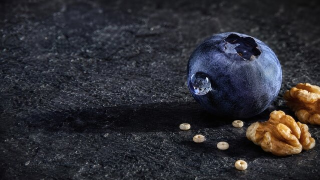 Precision caloric restriction meal &mdash; micro-portioned longevity foods on dark slate, macro-photographed jewel-like single blueberry with dew drop, minimalist nutrition art